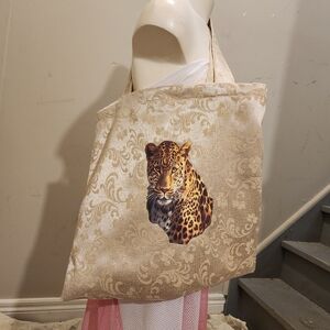 Handmade  Beige Gold Tote Bag With Leopard Design